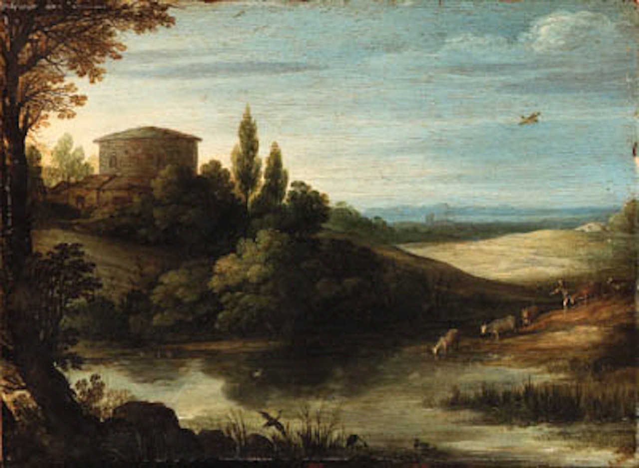 Landscape with drover and cattle watering at pond by Paul Bril