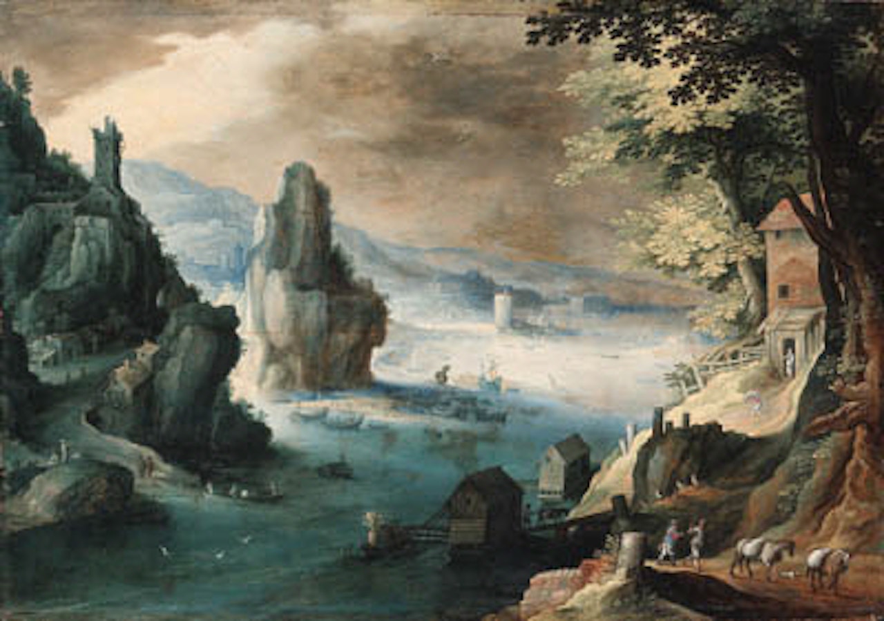Estuary with travellers on path before house, harbour beyond by Tobias Verhaecht