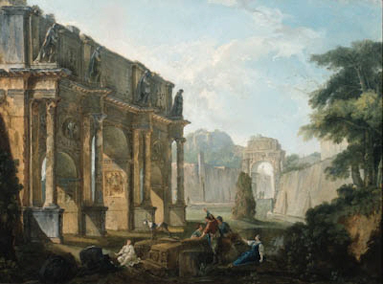 Capriccios of Roman ruins with figures conversing and resting by Hubert Robert