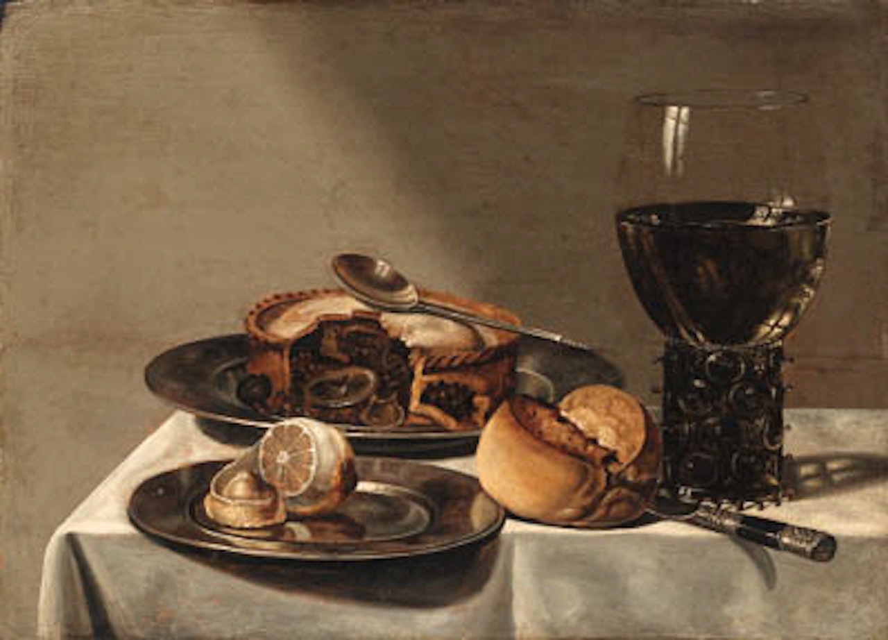 Roemer, a pie with spoon and peeled lemon on pewter plate on draped tab le by Willem Claesz Heda