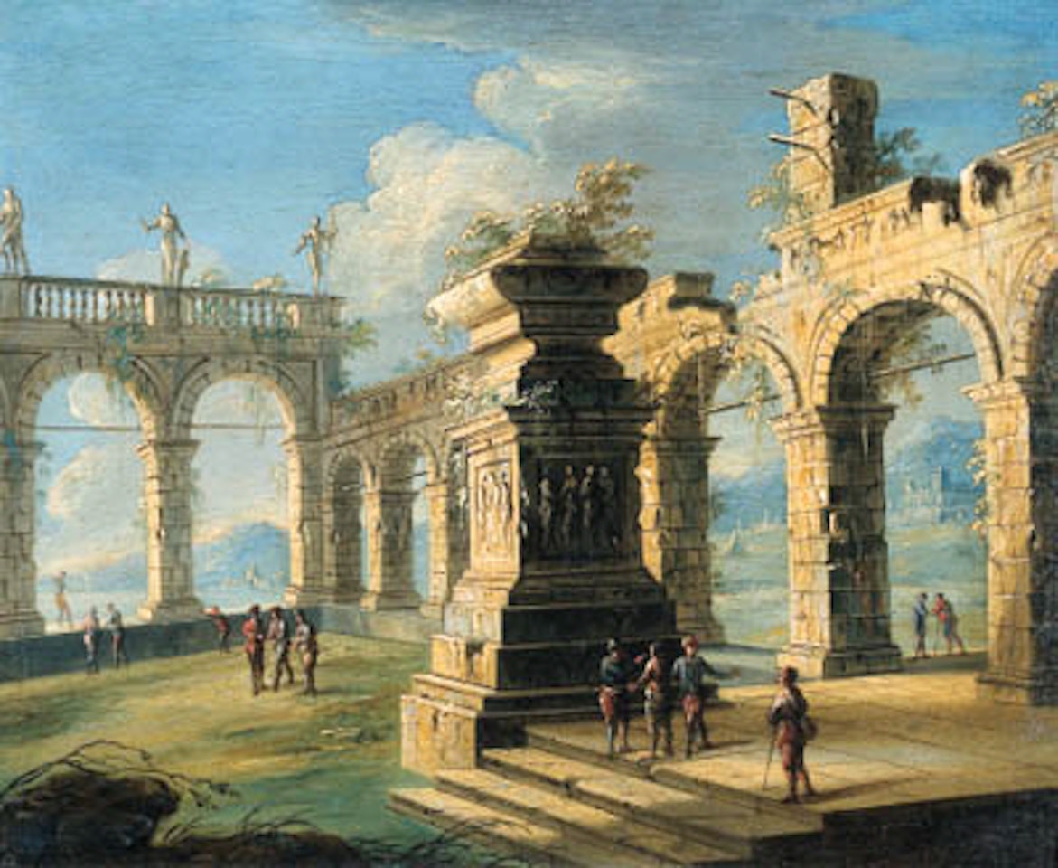 Architectural capriccio with classical ruins and figures by Gennaro Greco
