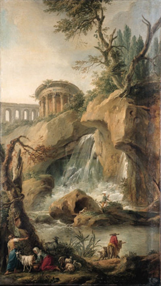View of the Falls of Tivoli with peasant milking a goat by Jean Baptiste Marie Pierre