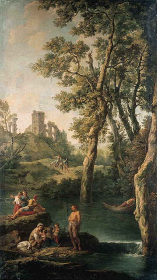 River landscape with a peasant family, man in a boat, fisherfolk and travellers by Jean Baptiste Marie Pierre