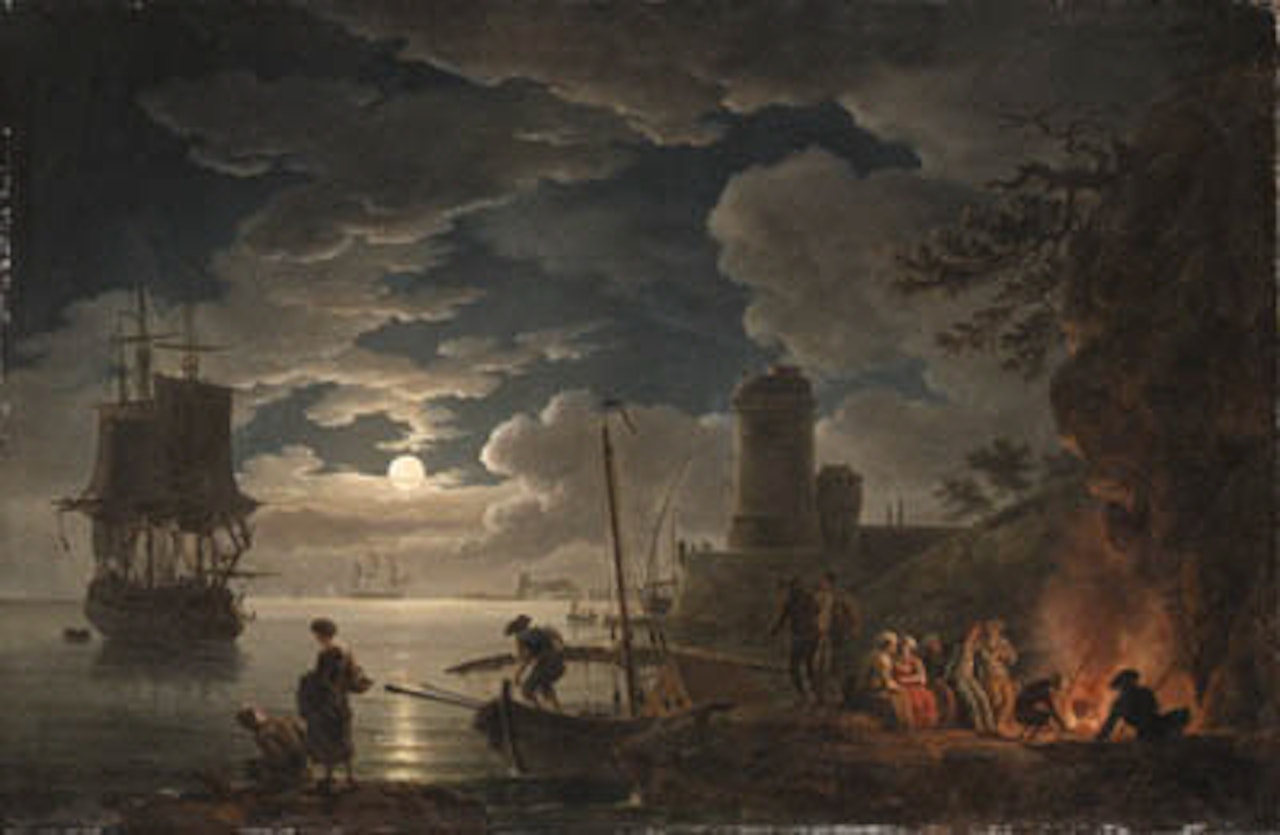 Moonlit harbour scene with a fisherman and figures seated around a fire by Claude Joseph Vernet