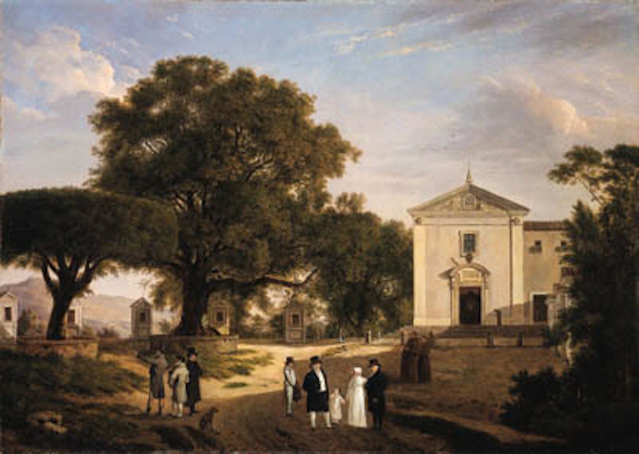 View of the town square of Albano with monks walking before a Franciscan Church by French School
