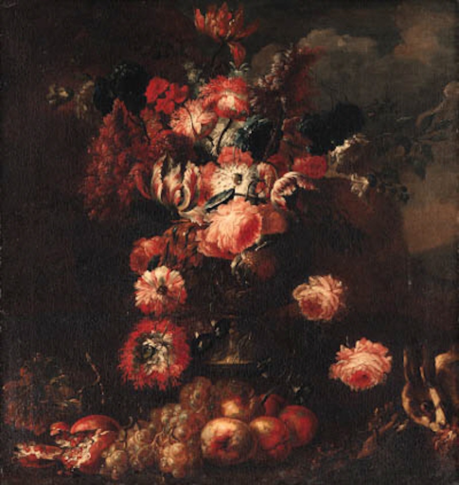 Parrot tulips, carnations and other flowers in a vase by Franz Werner von Tamm