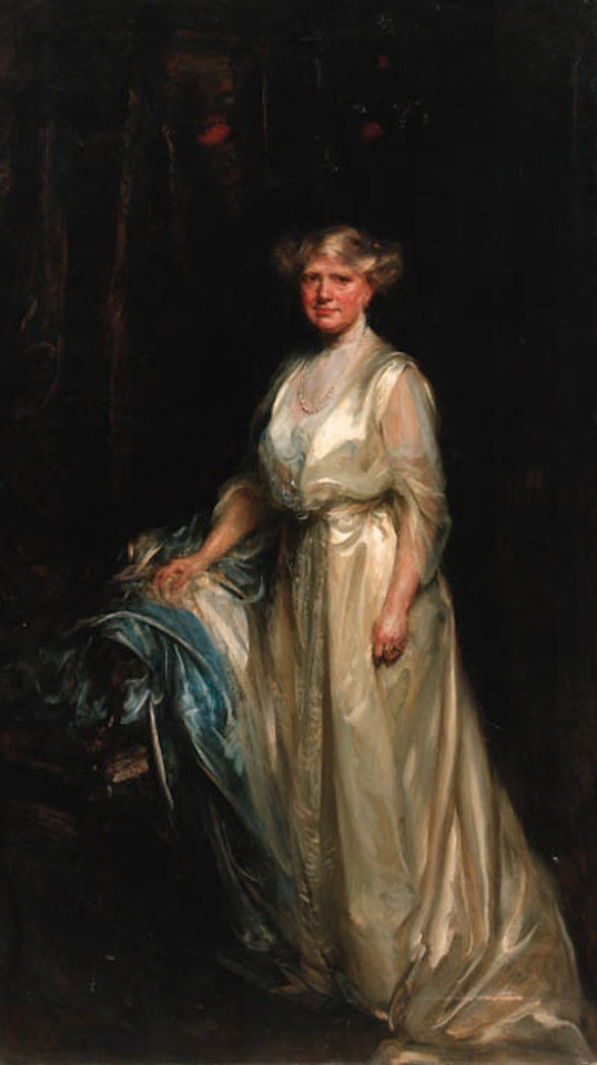 Portrait of lady wearing cream dress, resting her hand on a chair by James Jebusa Shannon