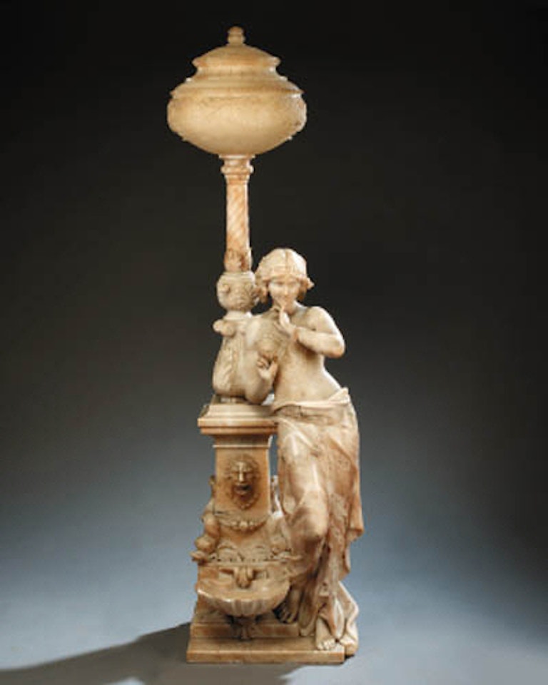 Lady resting against an ornate fountain by Italian School