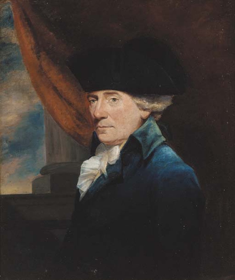 Portrait of a gentleman, half-length, in a blue coat and black tricorn, before a column by English School
