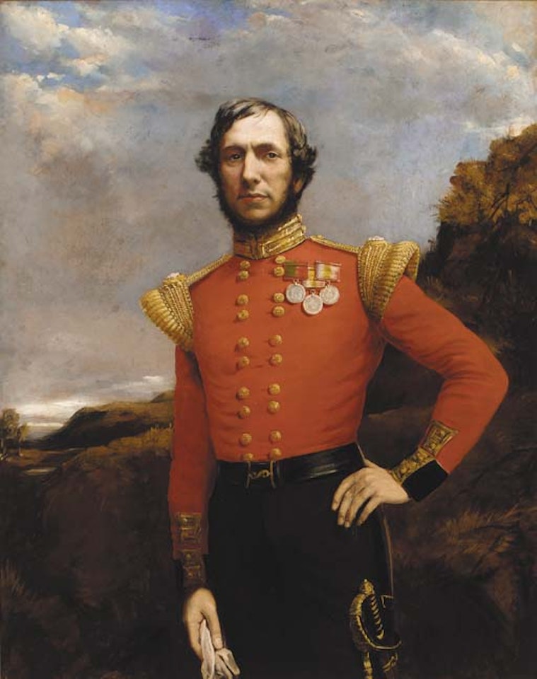 Portrait of an officer of the 13th Light Infantry, standing three-quarter-length, in uniform, wearing the campaign medals for Ghuznee, Jellalabad, and Cabul, in a landscape by English School