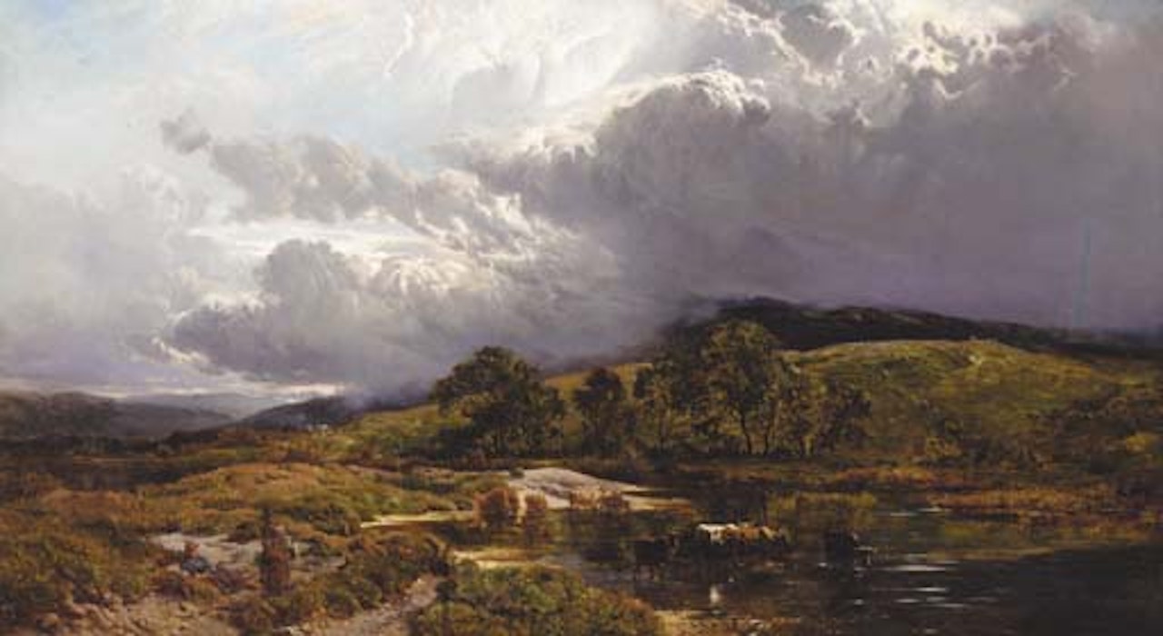 Figures resting by a river with cattle watering, an approaching storm beyond by Sidney Richard Percy