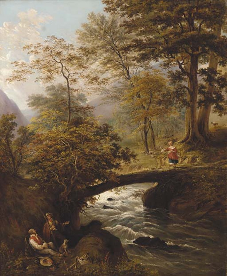 Figures resting by a river with a shepherdess on a bridge beyond by English School