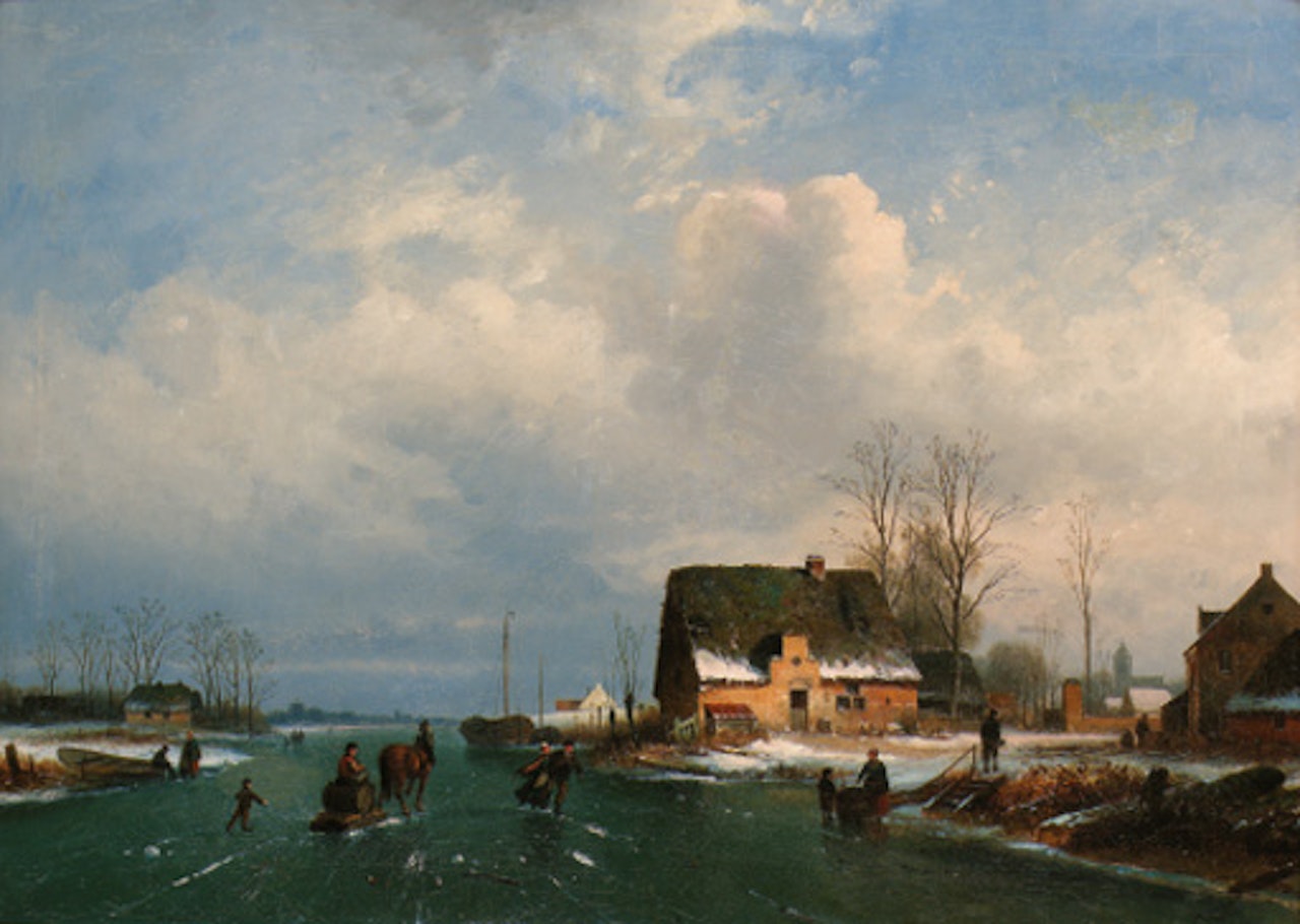 Dutch winter landscape with figures skating by Dutch School