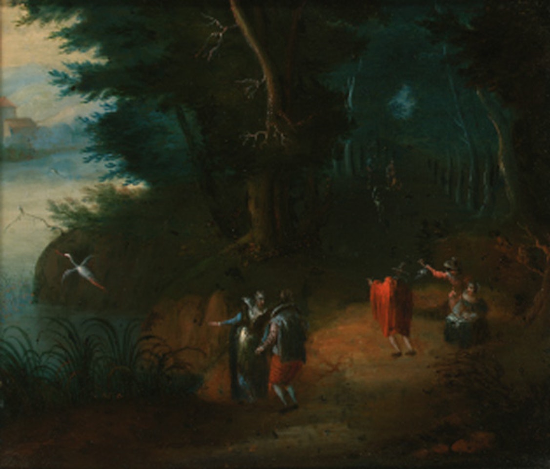 Wooded river landscape with elegant figures on path by Abraham Govaerts