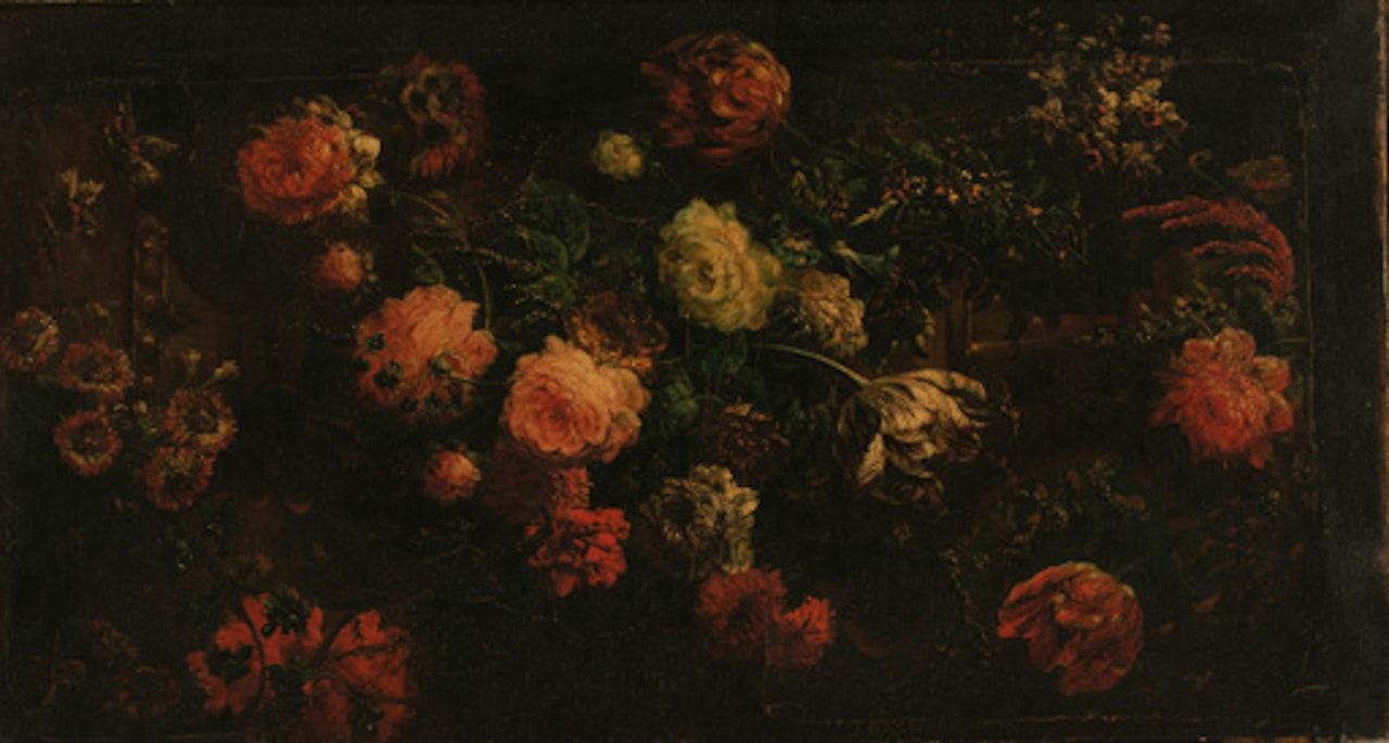 Tulips, poppies and other flowers against stone ledge by Abraham Brueghel