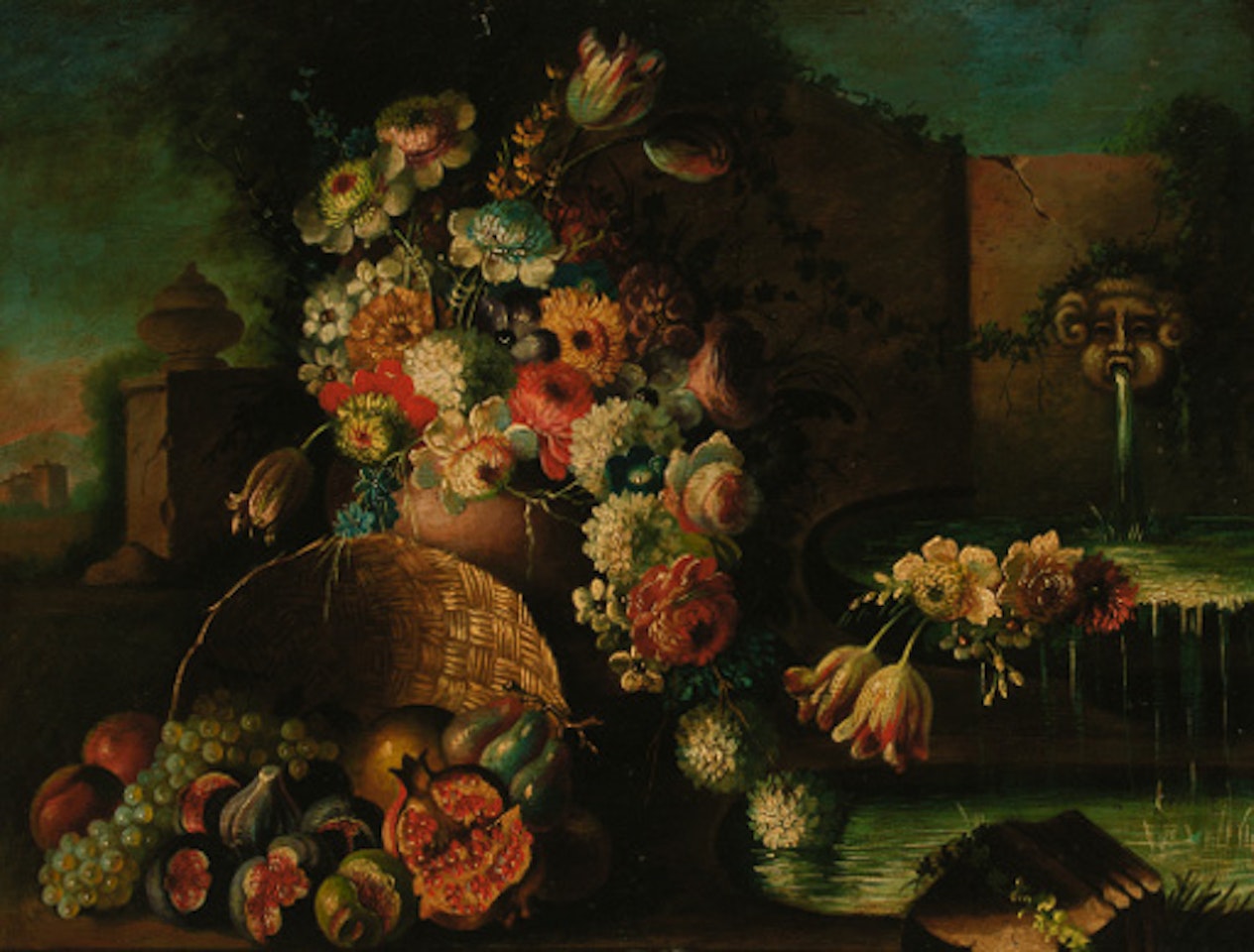 Roses, tulips, daisies and other flowers in vase, with grapes and plums in basket by fountain by Gasparo Lopez