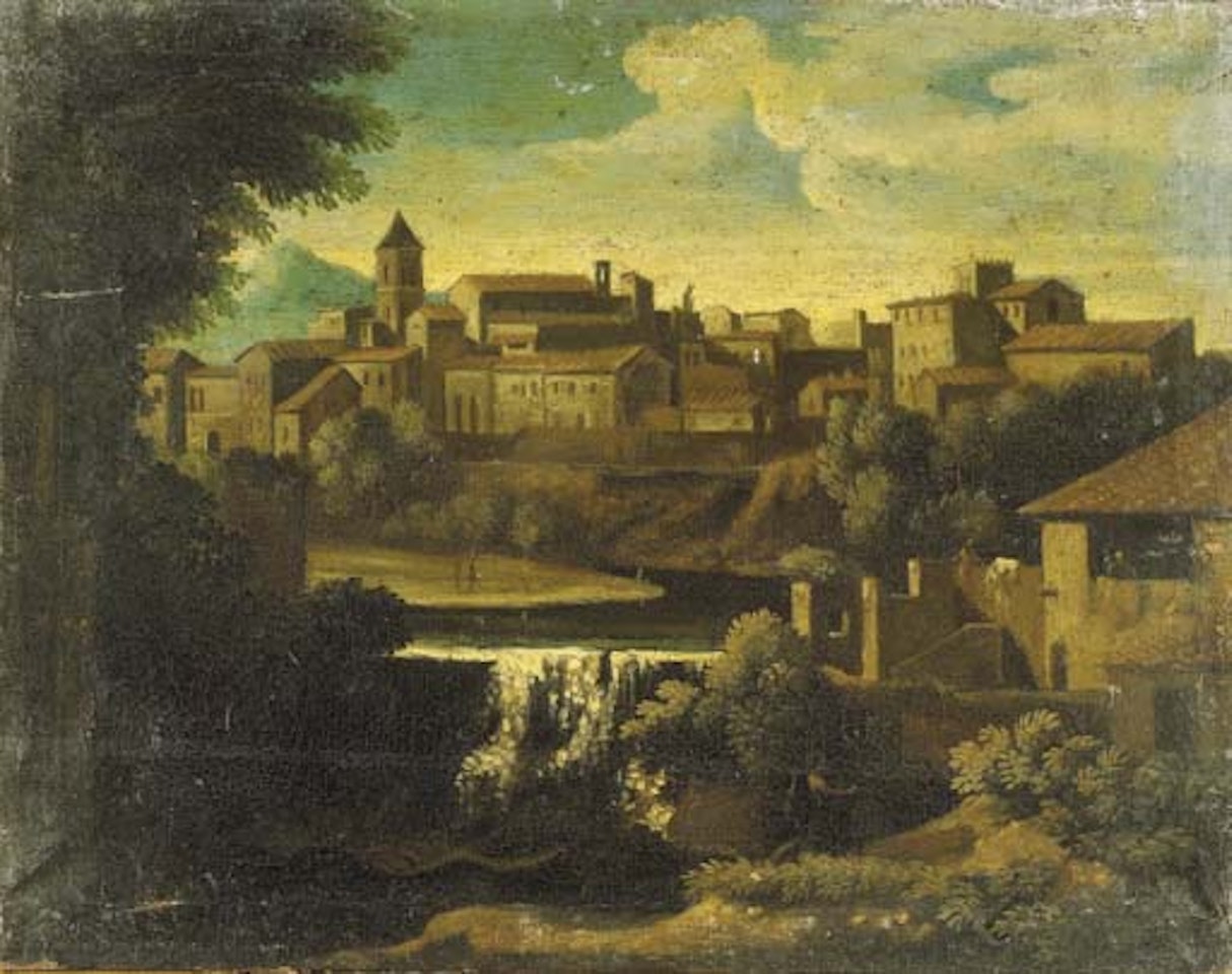 Village by river in Lazio by Roman School