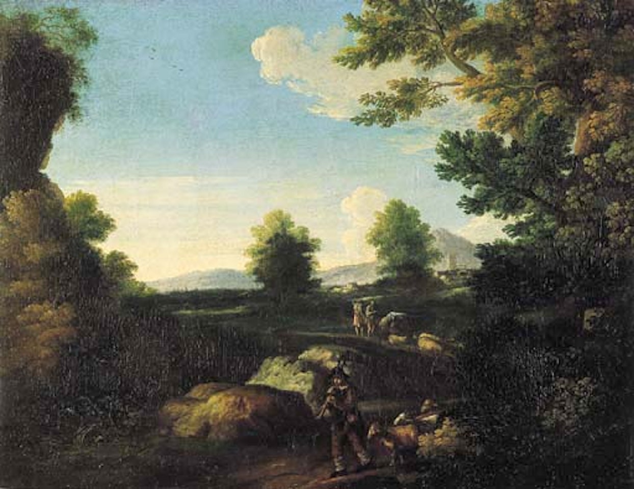 Shepherd with herd in landscape in Lazio by Pieter van Bloemen