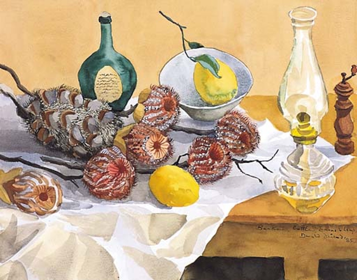 Banksia, bottle, lemons and lamp by Donald Stuart Leslie Friend