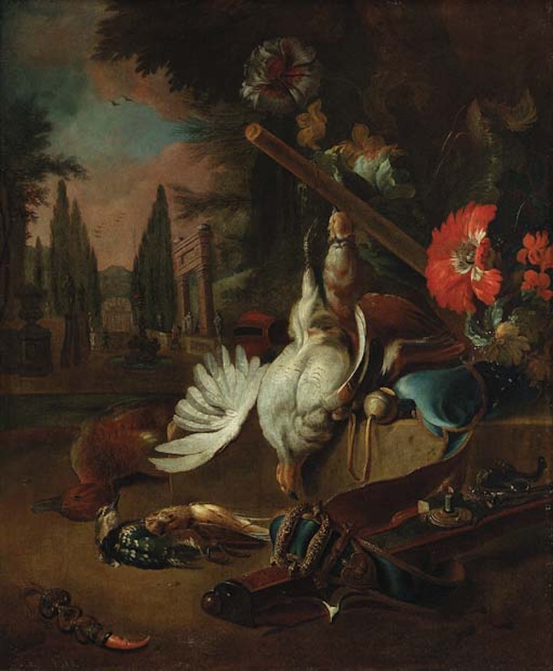 Dead game, rifle, hunting pouch, and flowers in a park with a fountain by Jan Weenix