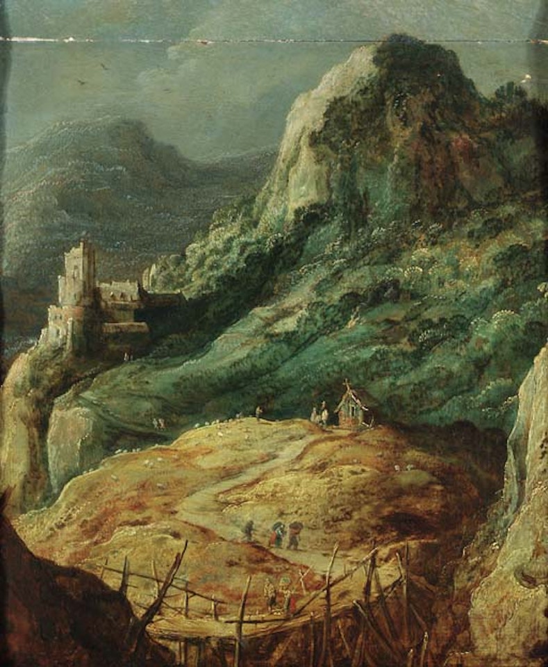 Mountain landscape with travellers by a hut and a shepherd in a pasture by Joos de Momper the Younger