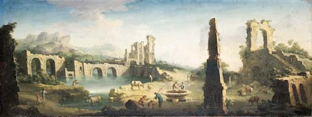 Extensive river landscape with herdsmen and cattle among classical ruins by Gennaro Greco