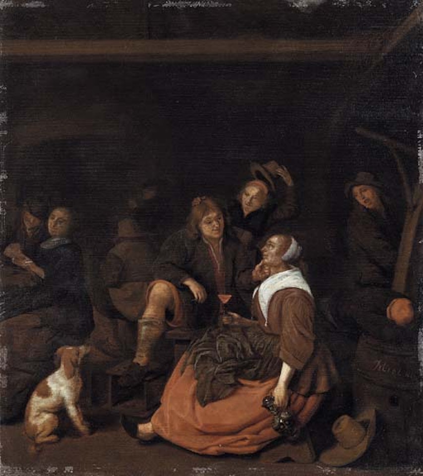 Interior of an inn with a young man courting a lady and peasants drinking by Jan Miense Molenaer