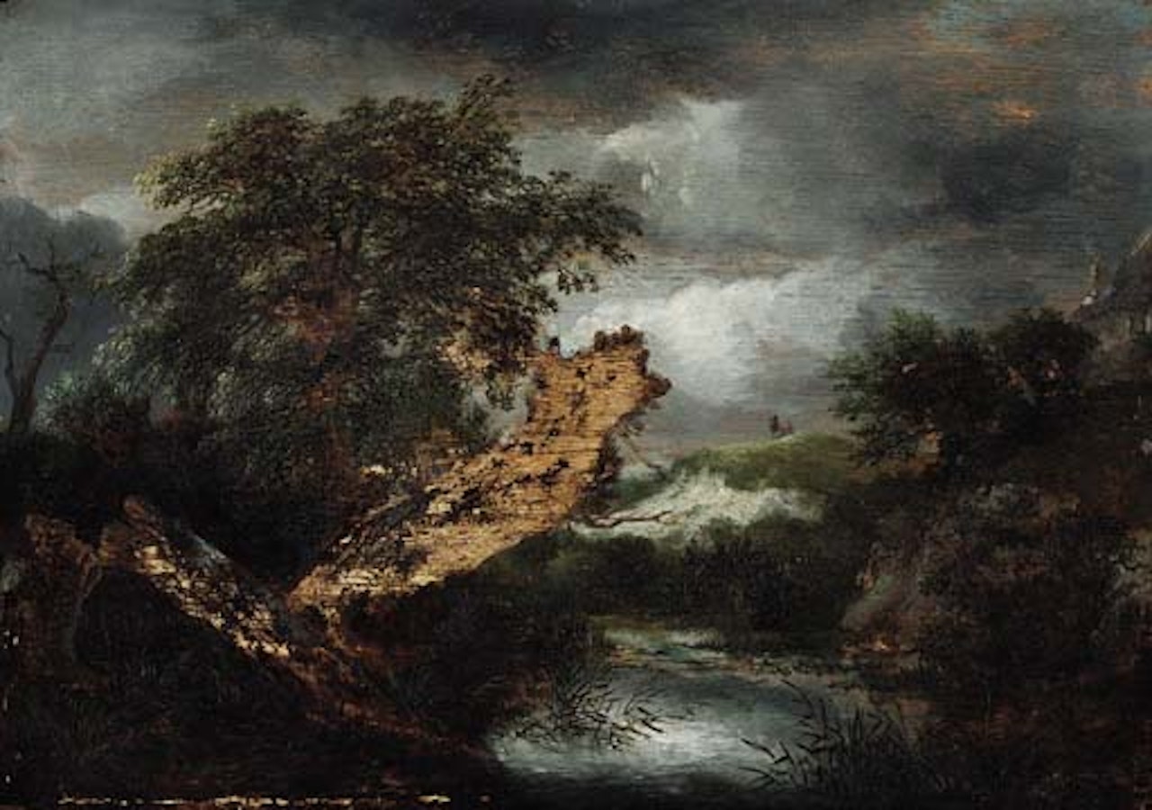 Wooded river landscape with a blasted tree by Jacob Salomonsz. van Ruysdael