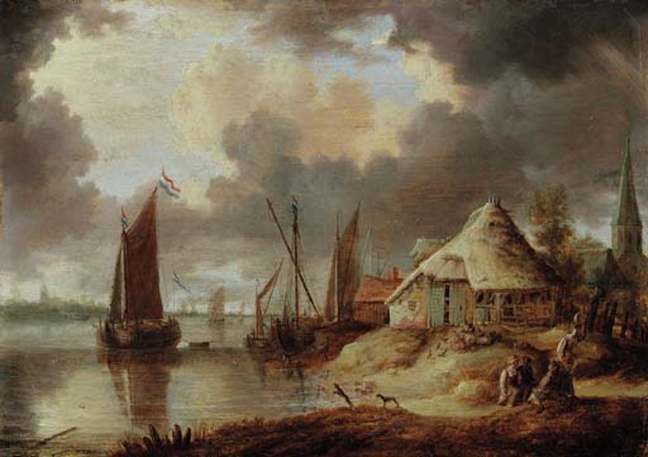 River estuary with sailboats and peasants on a track near a thatched barn by Pieter van de Velde