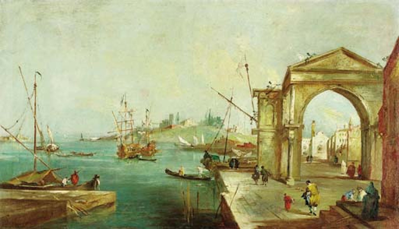 Capriccio of the Venetian lagoon with a triumphal arch by Venetian School