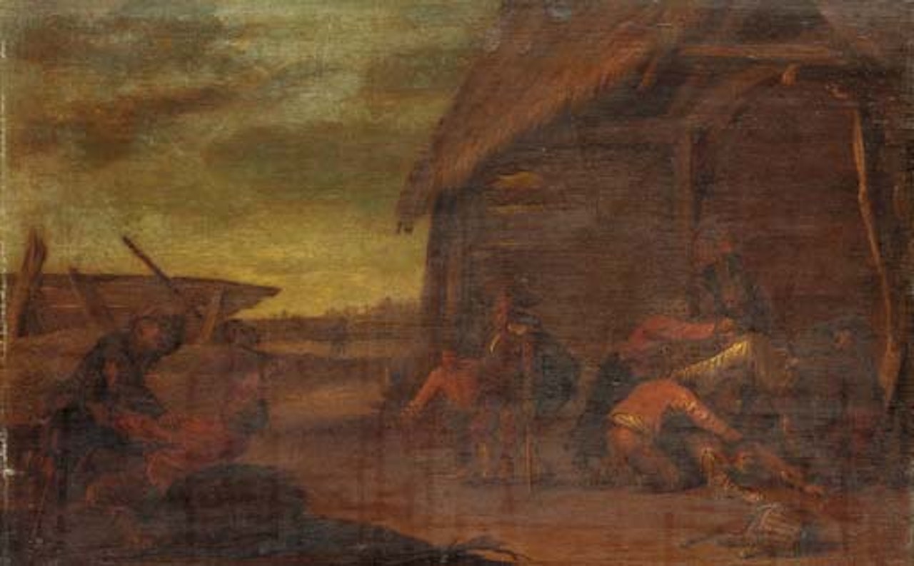 Peasants brawling outside a tavern by Joost Cornelisz Droochsloot