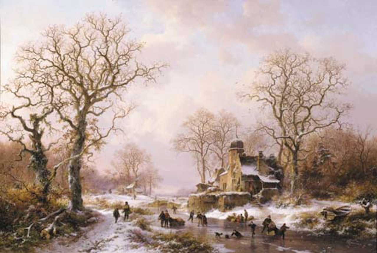 Skaters by a snowcovered castle at dusk by Fredrik Marinus Kruseman