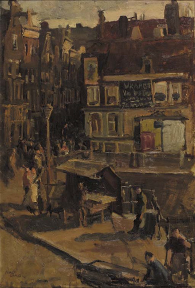 Streetscene in Amsterdam with townsfolk by a bookstall by Isaac Israels