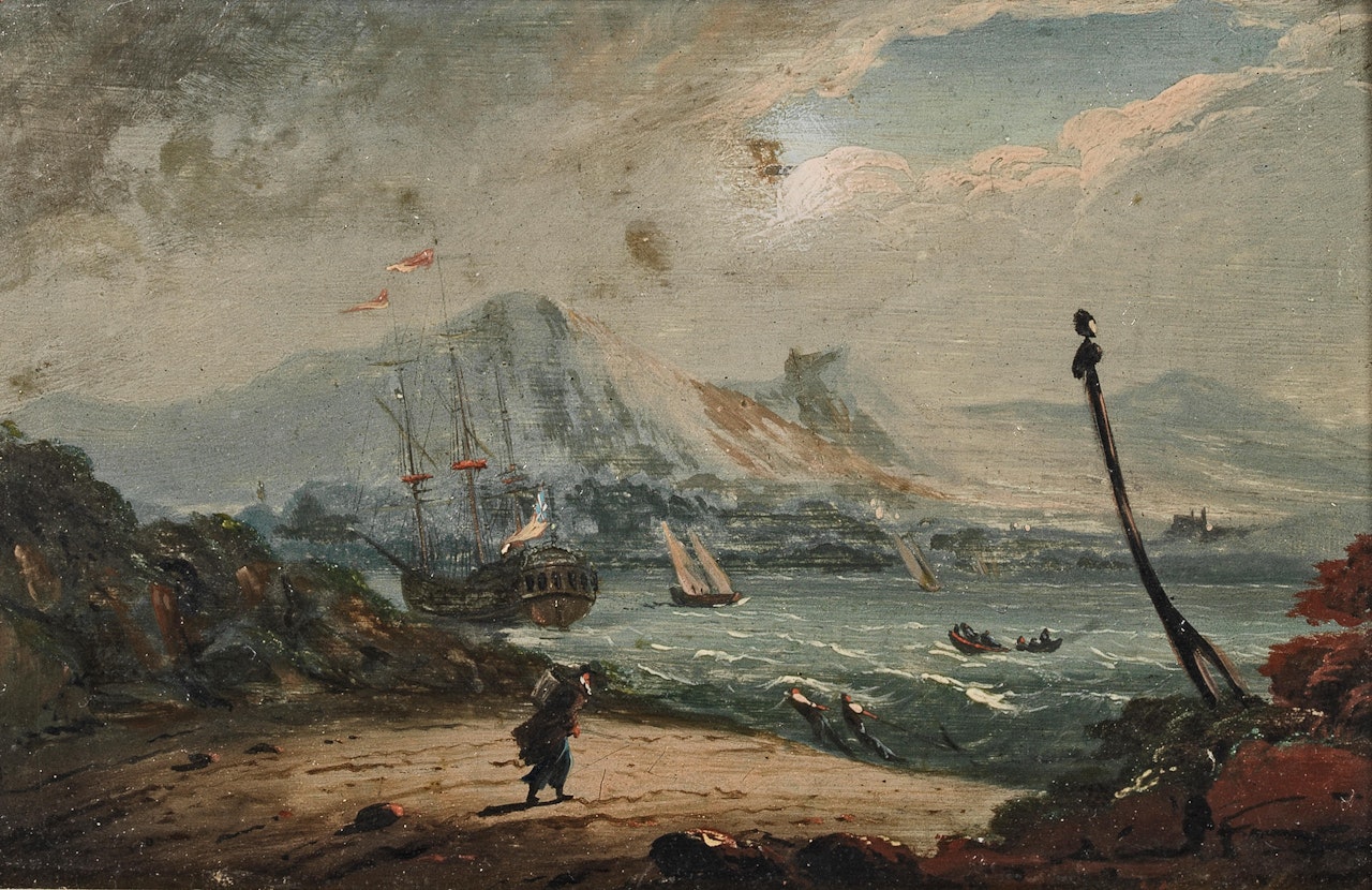 A coastal scene with stormy seas; fishermen before a waterfall by German School