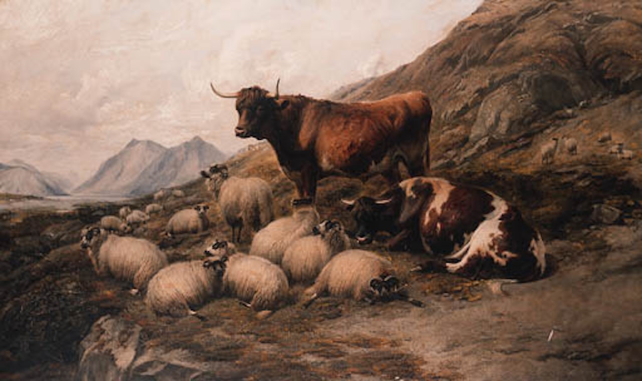 Sheep and cattle in mountain landscape by Thomas Sidney Cooper