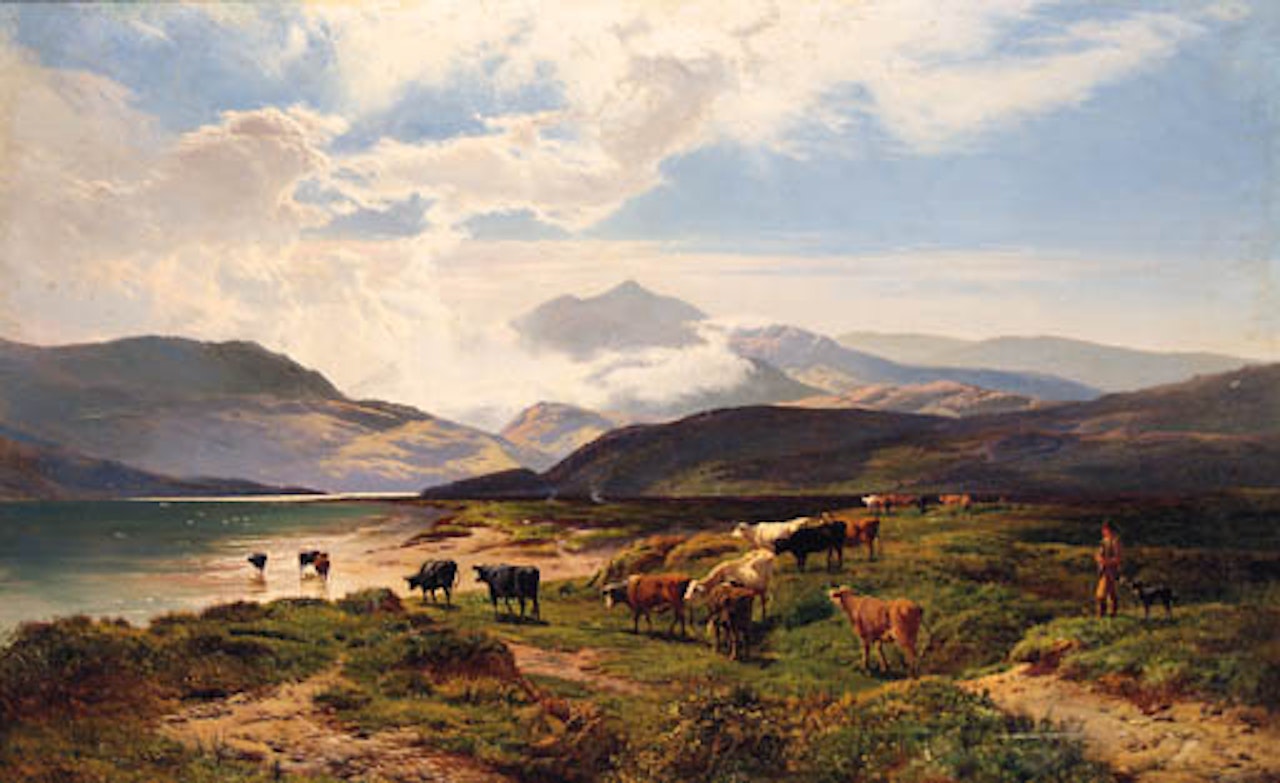 Drover with cattle in mountainous landscape by Sidney Richard Percy