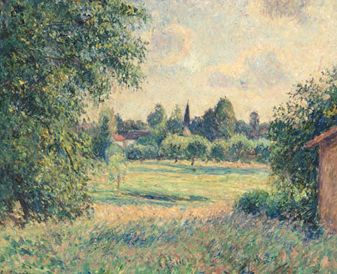Summer landscape with village in distance by Camille Pissarro