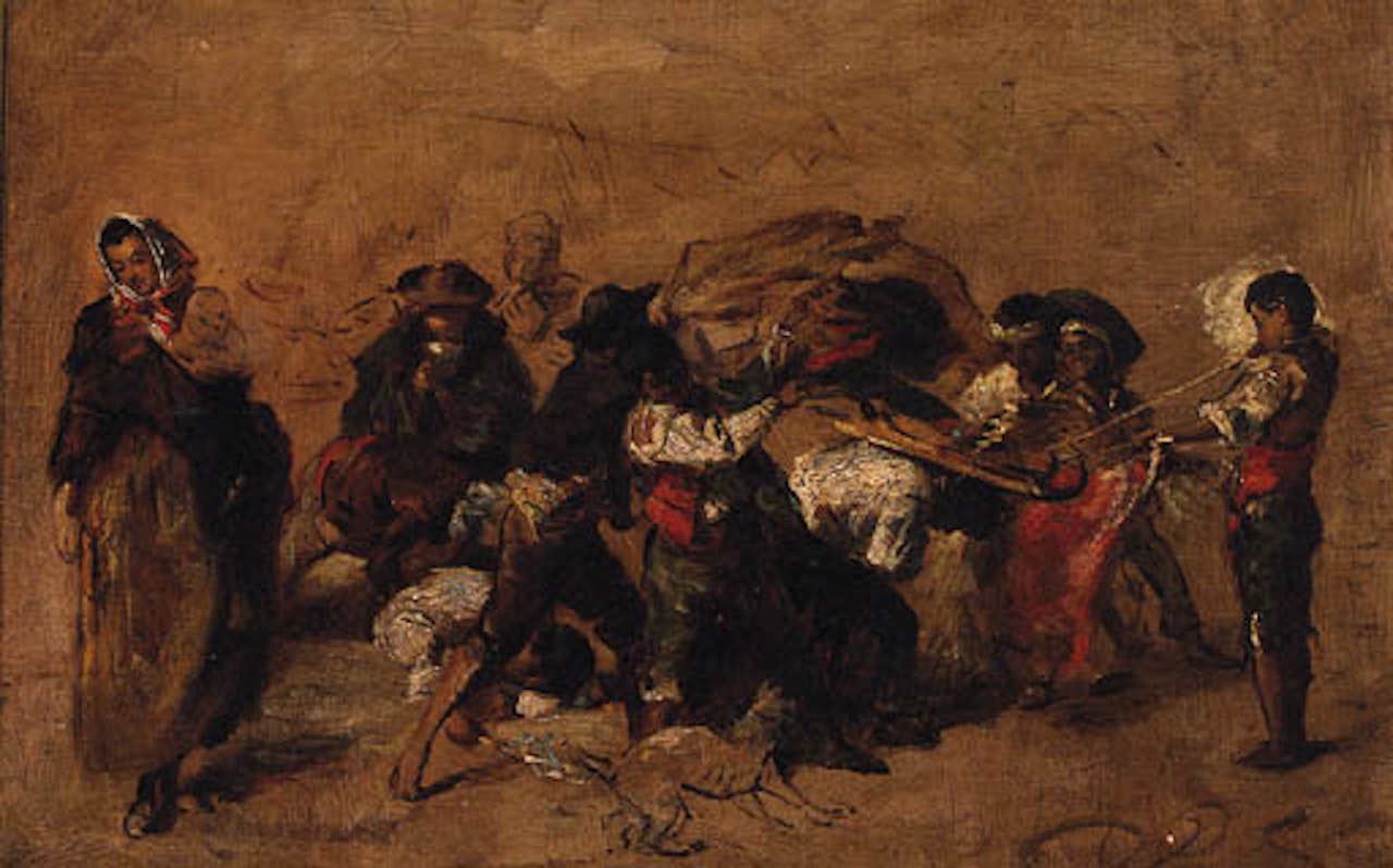 Playing at bull fighting by Spanish School