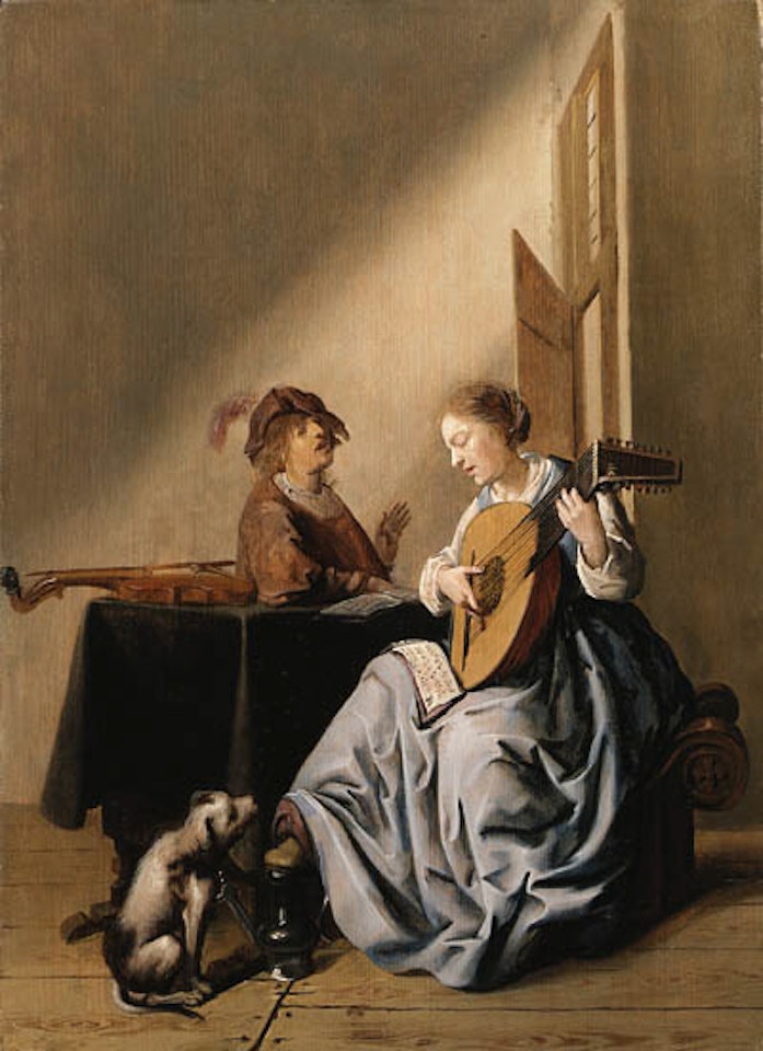 Young woman playing lute, youth singing in interior by Jan Miense Molenaer