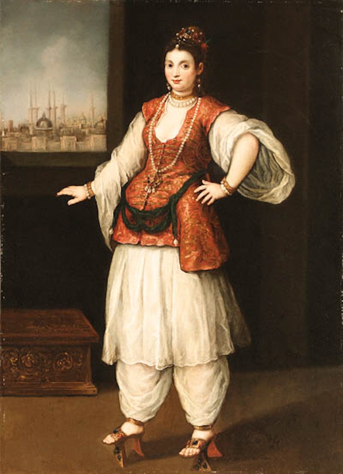 Portrait of Sultana with capriccio of Istanbul beyond by Venetian School
