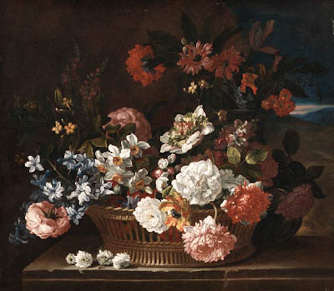 Roses, narcissi, hyacinth, primulae on stone ledge by Jean Baptiste Monnoyer