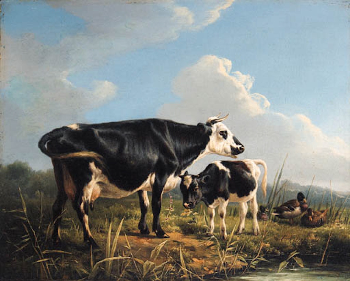 Cows and ducks beside pond by Eugène Joseph Verboeckhoven