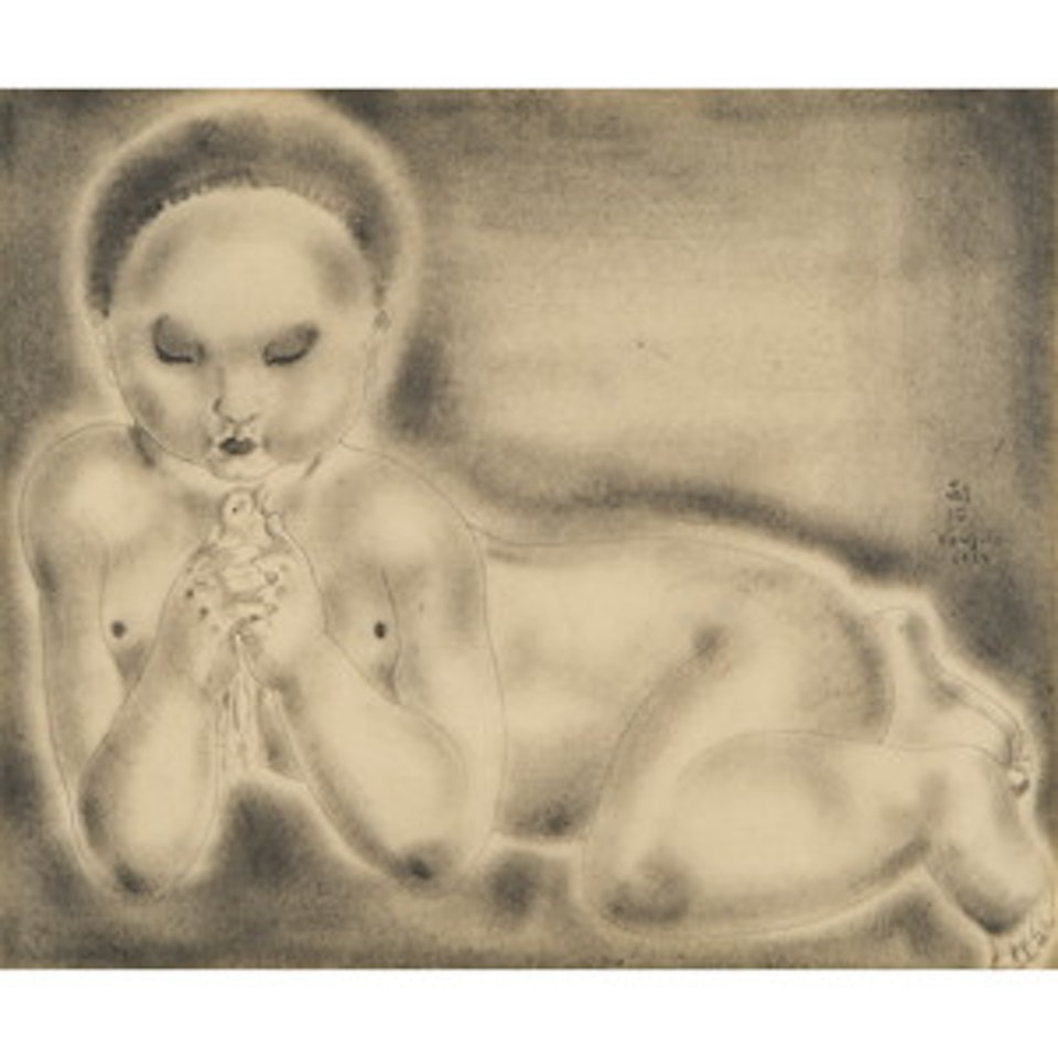 CHILD HOLDING BIRD by Leonard Tsuguharu Foujita