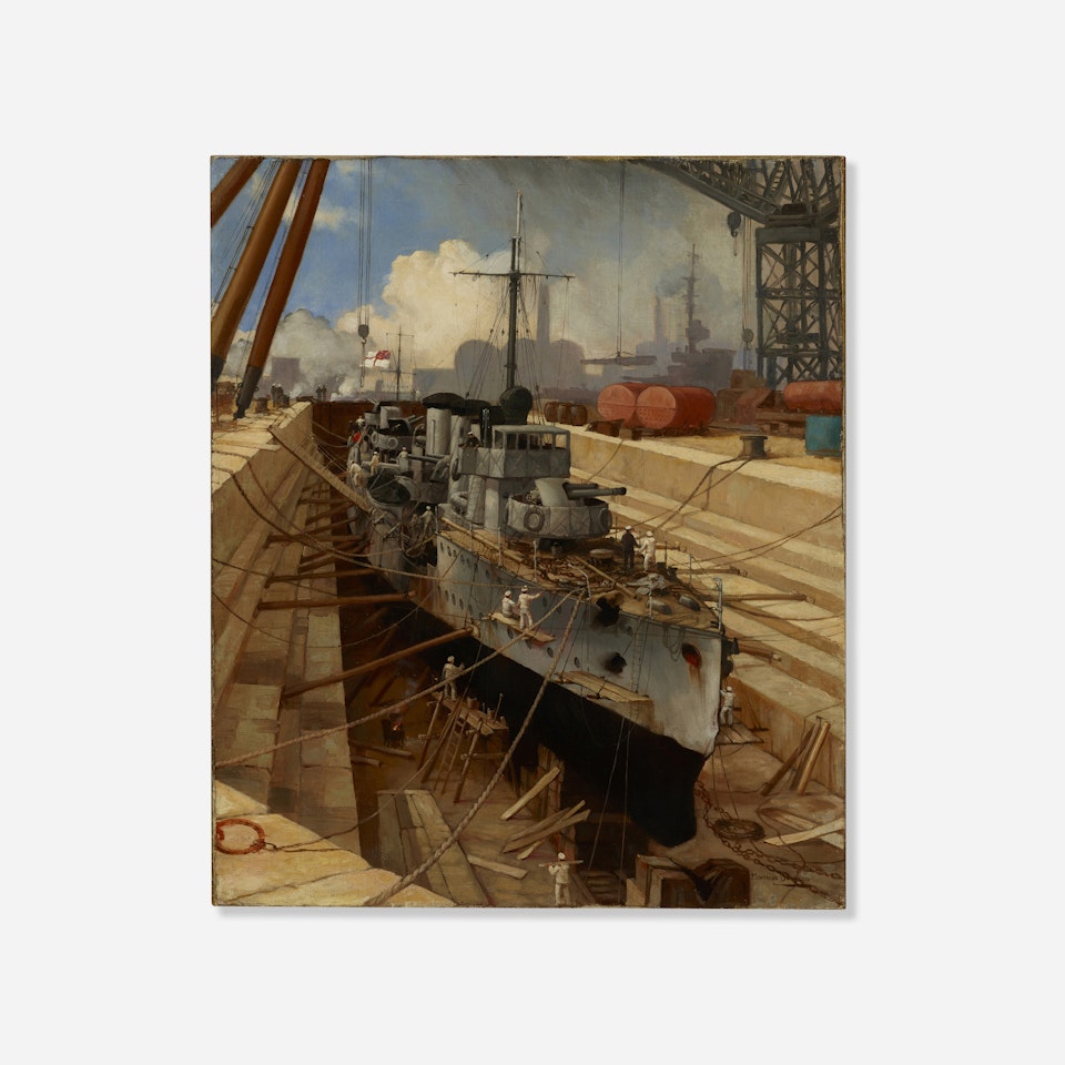 Frigate in Drydock by Montague Dawson