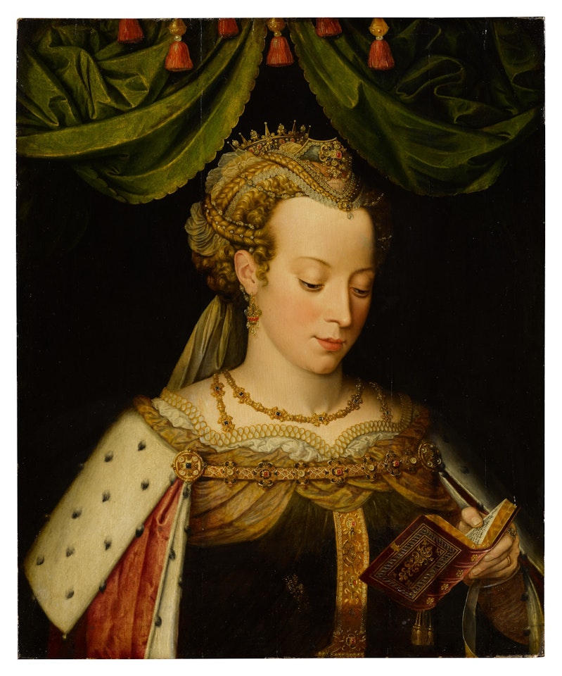 Portrait of a noblewoman as a sibyl, wearing an ornate jeweled headdress and coronet, holding a book in her left hand, and a baldacchino above by Flemish School