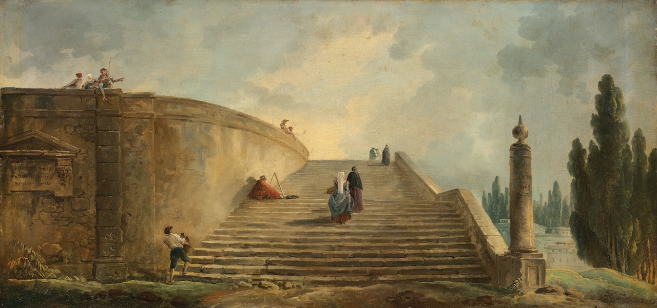 A grand staircase by Hubert Robert