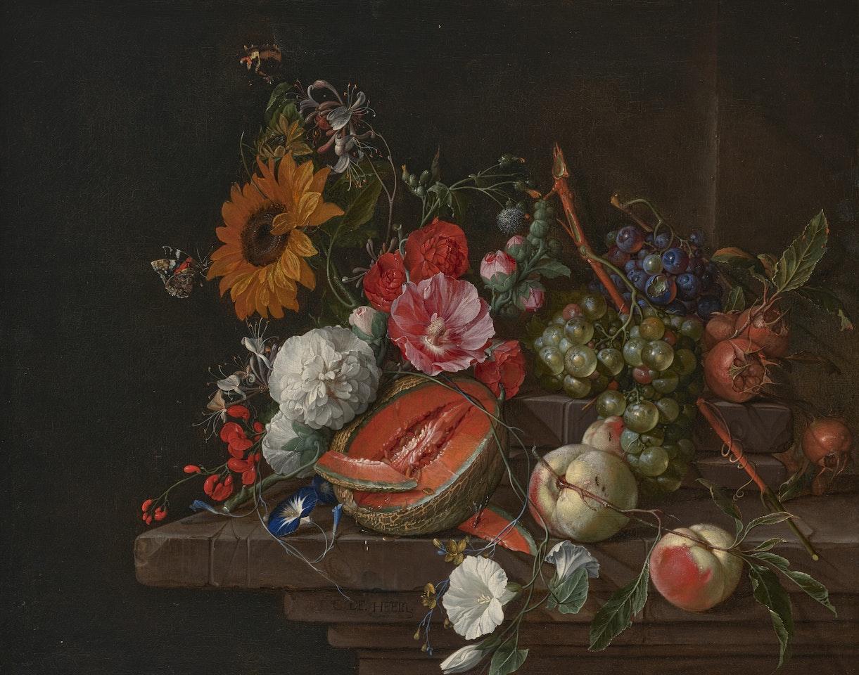 A melon, peaches, grapes, medlars, sunflowers, roses, peonies and other flowers with butterflies and other insects on a stone ledge by Cornelis de Heem