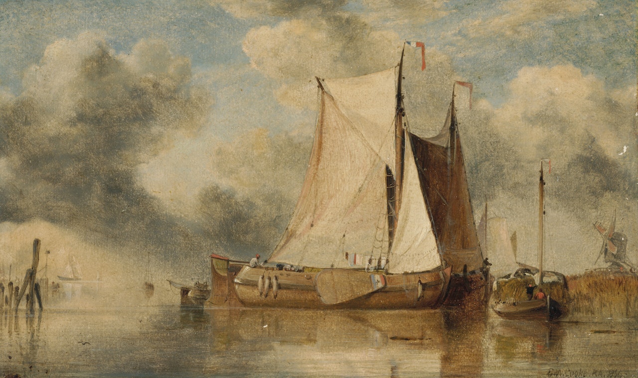 Dutch sailing boats on the Zuyder Zee with a distant windmill by Edward William Cooke