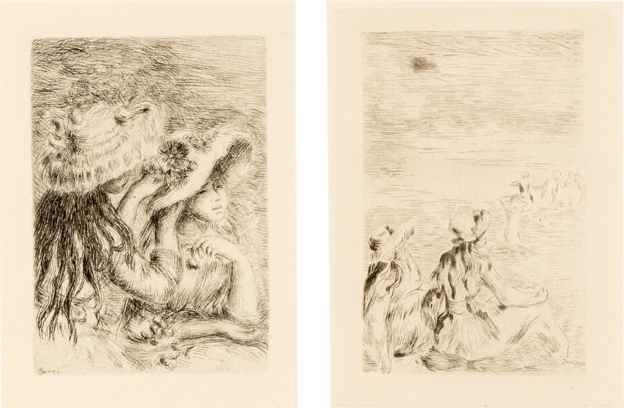A Pair of Etchings (Sur la Plage à Berneval, ca. 1892 and Le chapeau épinglé, ca. 1894) by Pierre-Auguste Renoir