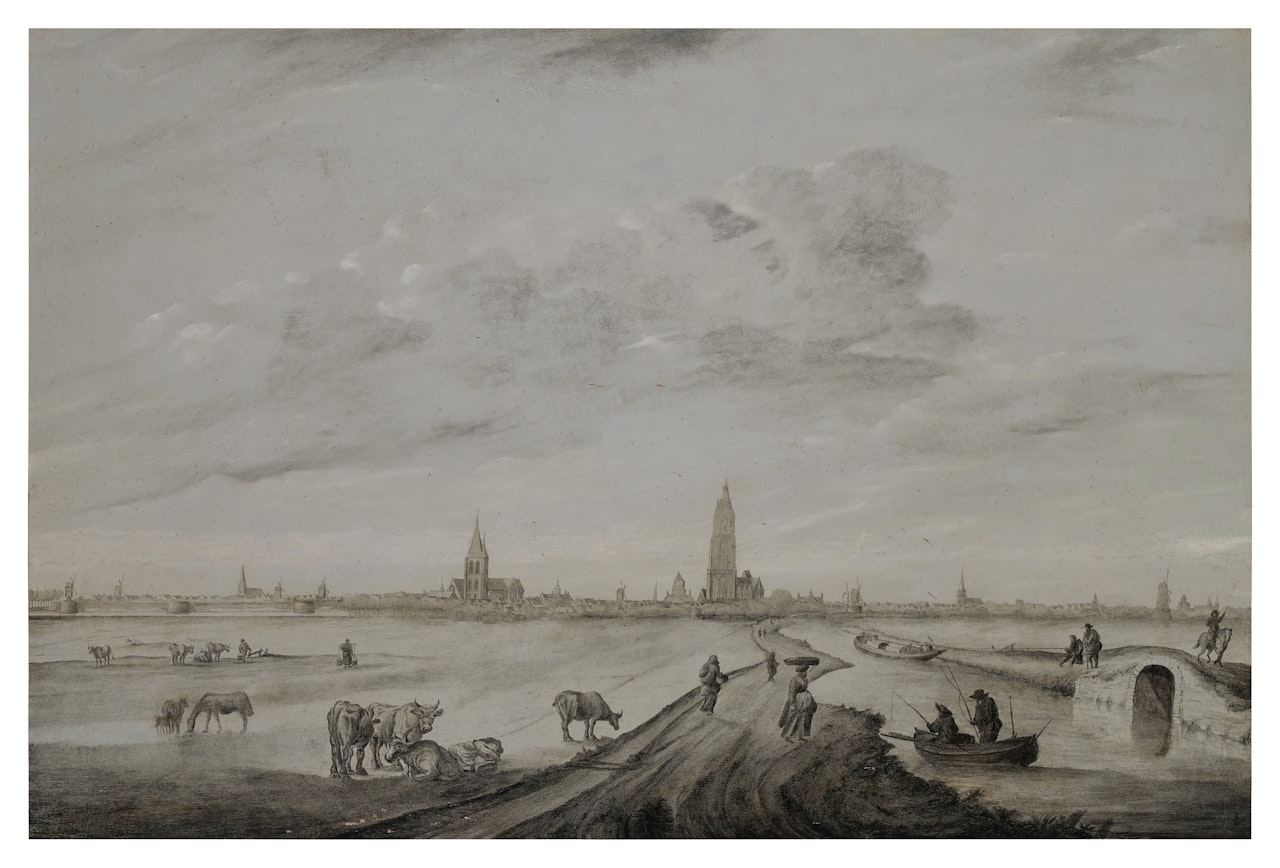 Delft, a view with the Nieuwe Kerk at center and the Oude Kerk at left by Dutch School